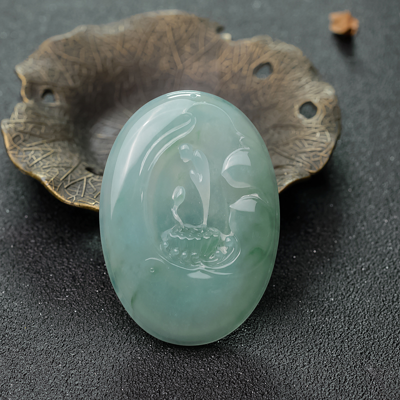 缅甸天然糯种浅绿翡翠悟道吊坠-红掌柜