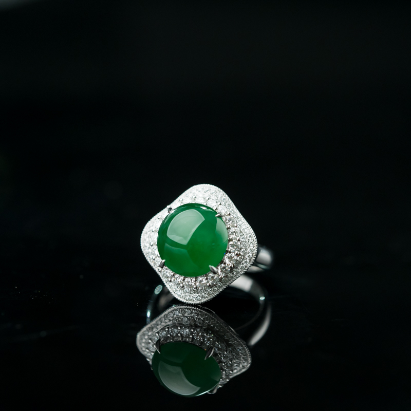 缅甸天然糯冰种翠绿翡翠戒指-红掌柜