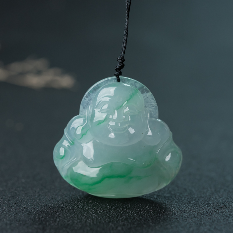 糯冰种飘翠翡翠弥勒佛-红掌柜