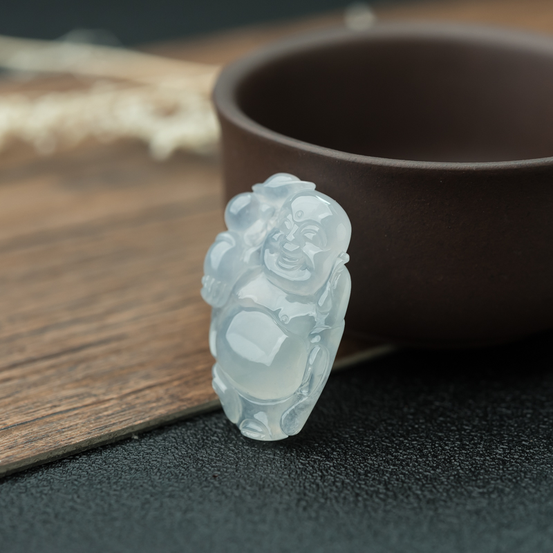 天然糯冰种淡晴水翡翠弥勒佛吊坠-红掌柜