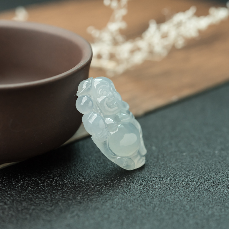 缅甸糯冰种淡晴水翡翠弥勒佛吊坠-红掌柜