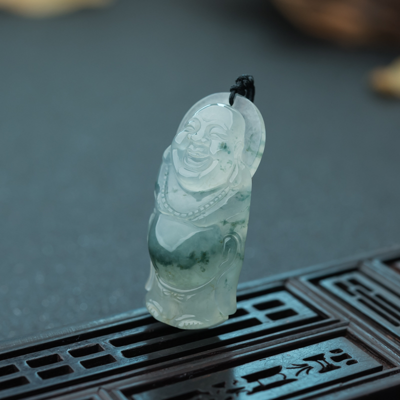 飘花翡翠弥勒佛吊坠-红掌柜