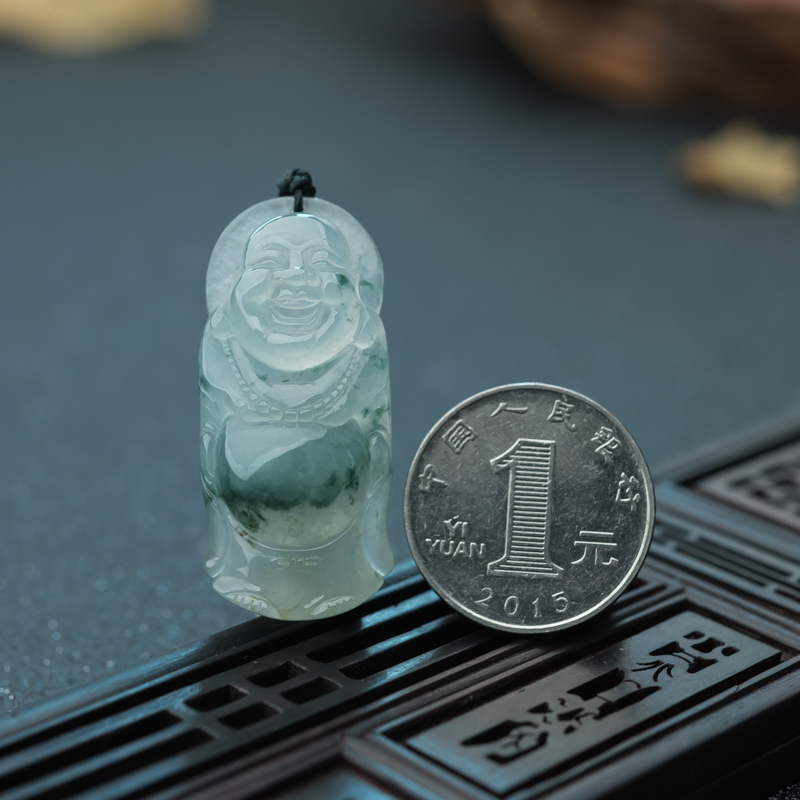 糯冰种飘花翡翠弥勒佛挂坠-红掌柜