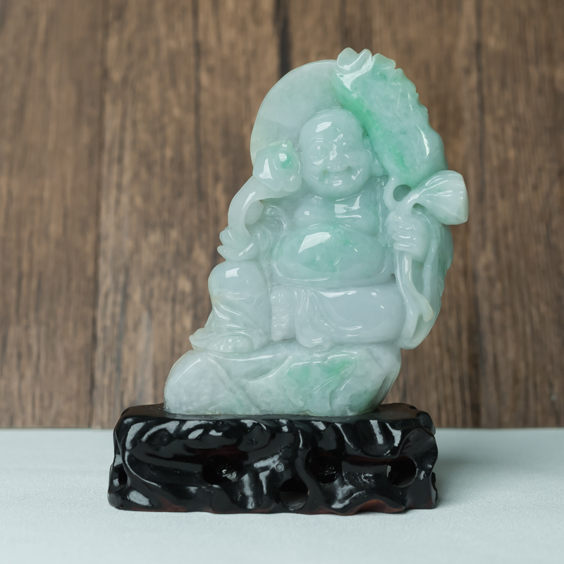 缅甸天然糯种飘翠翡翠弥勒佛摆件-红掌柜