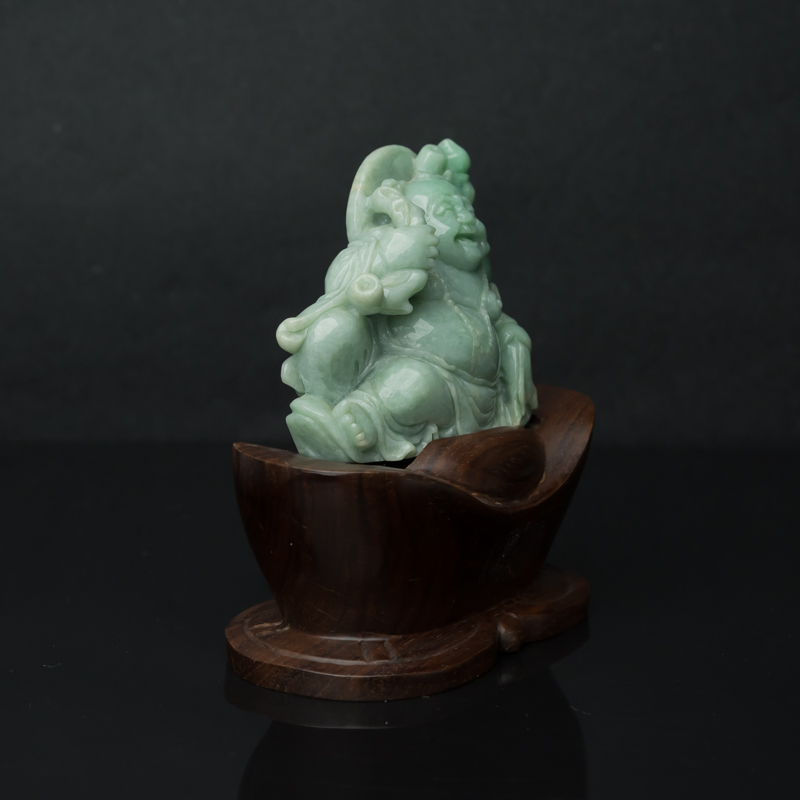 缅甸糯种豆绿翡翠弥勒佛摆件-红掌柜