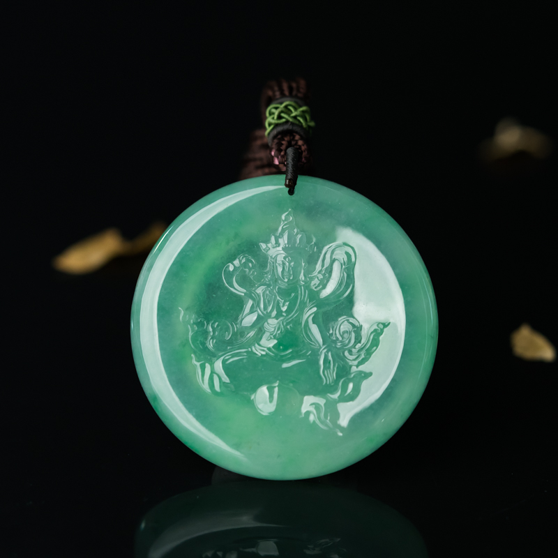 缅甸天然糯冰种翠绿翡翠菩萨吊坠-红掌柜