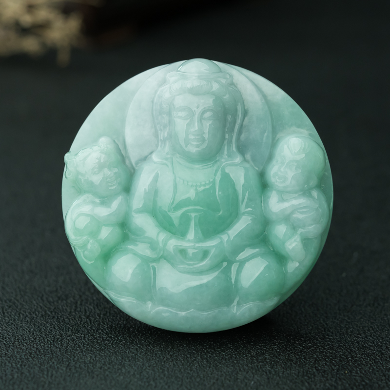 缅甸天然糯种浅绿翡翠童子观音吊坠-红掌柜