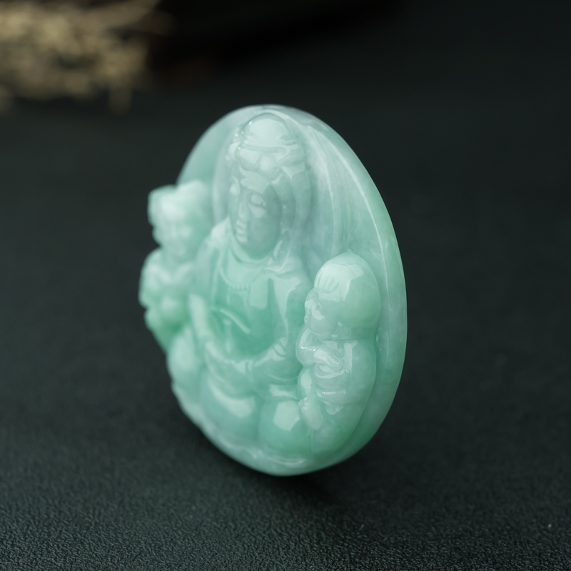 天然糯种浅绿翡翠童子观音吊坠-红掌柜