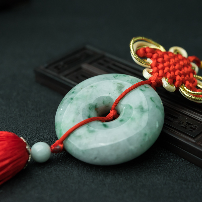 天然豆种飘花翡翠平安扣车挂-红掌柜