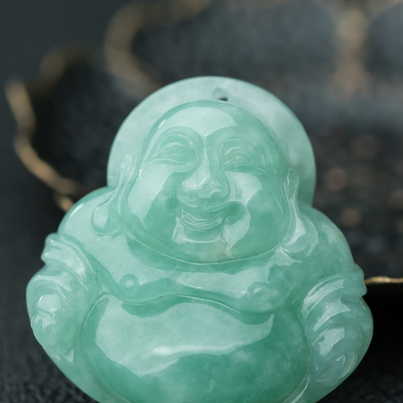 缅甸天然糯种翡翠弥勒佛吊坠-红掌柜
