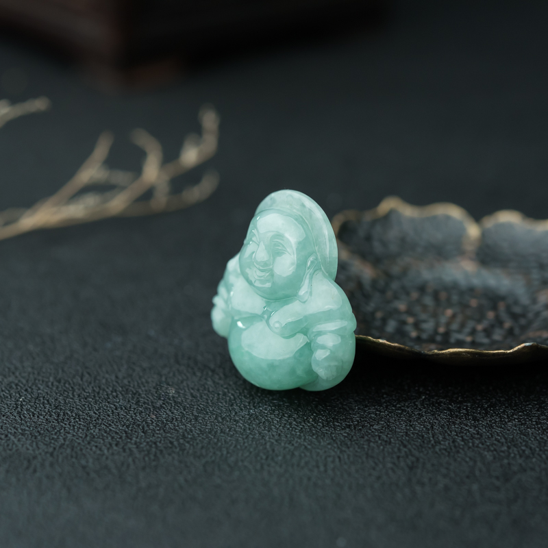 天然糯种浅绿翡翠弥勒佛吊坠-红掌柜