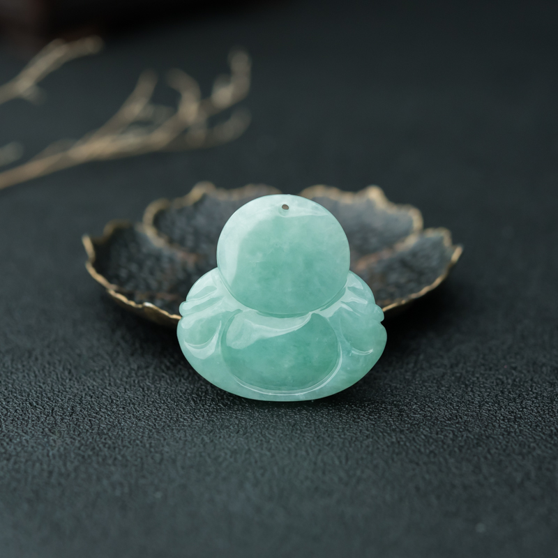 缅甸天然浅绿翡翠弥勒佛吊坠-红掌柜