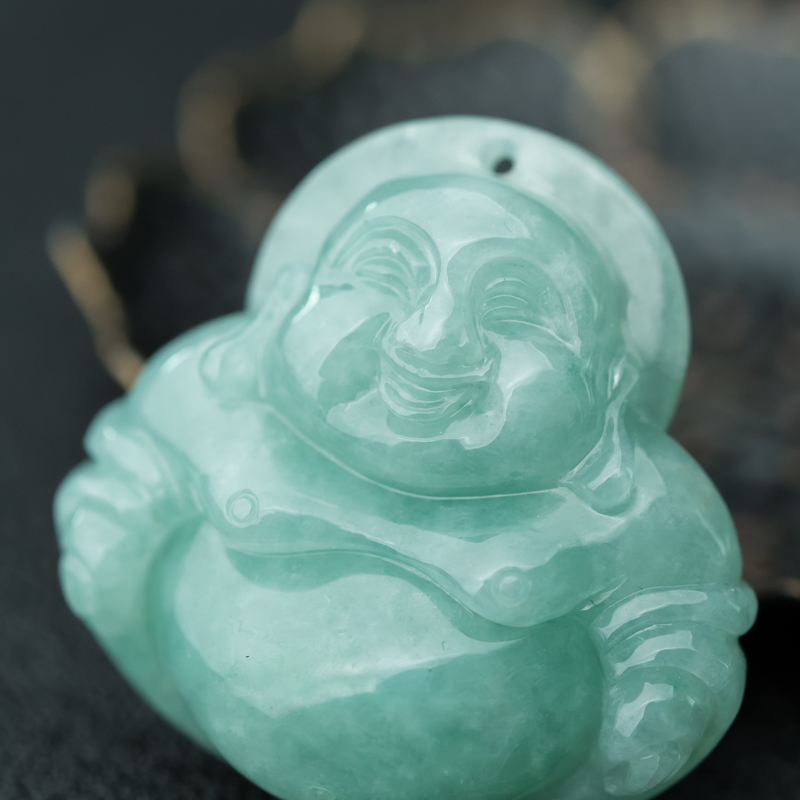 缅甸天然糯种翡翠弥勒佛吊坠-红掌柜