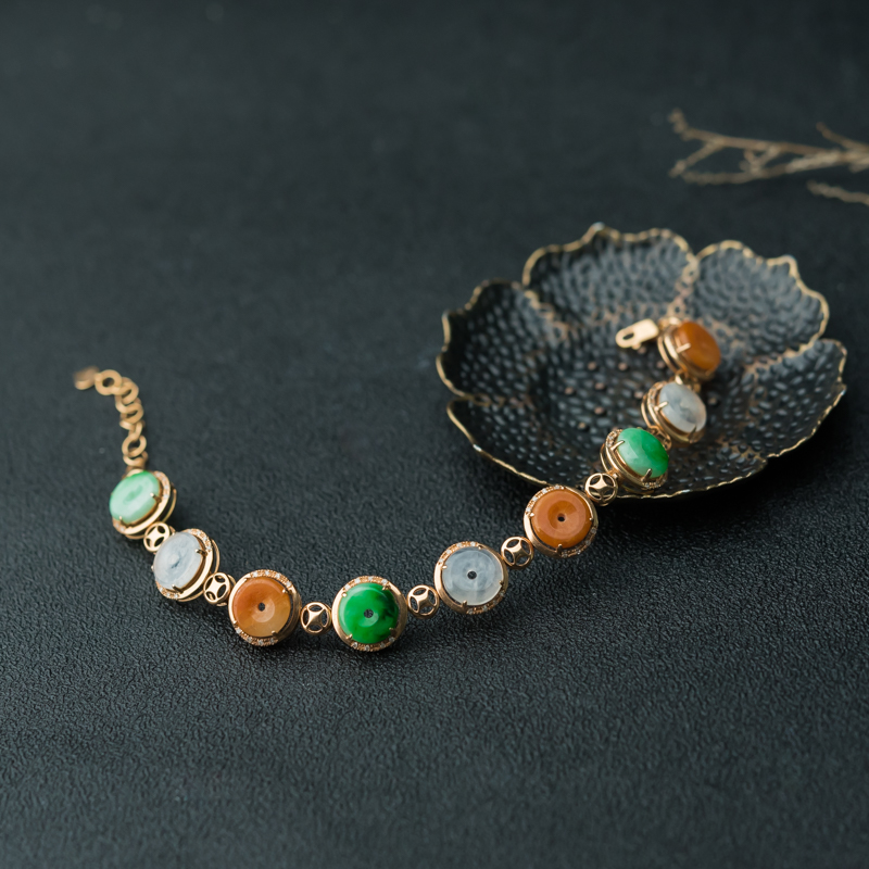 缅甸天然糯冰种三彩翡翠平安扣手链-红掌柜