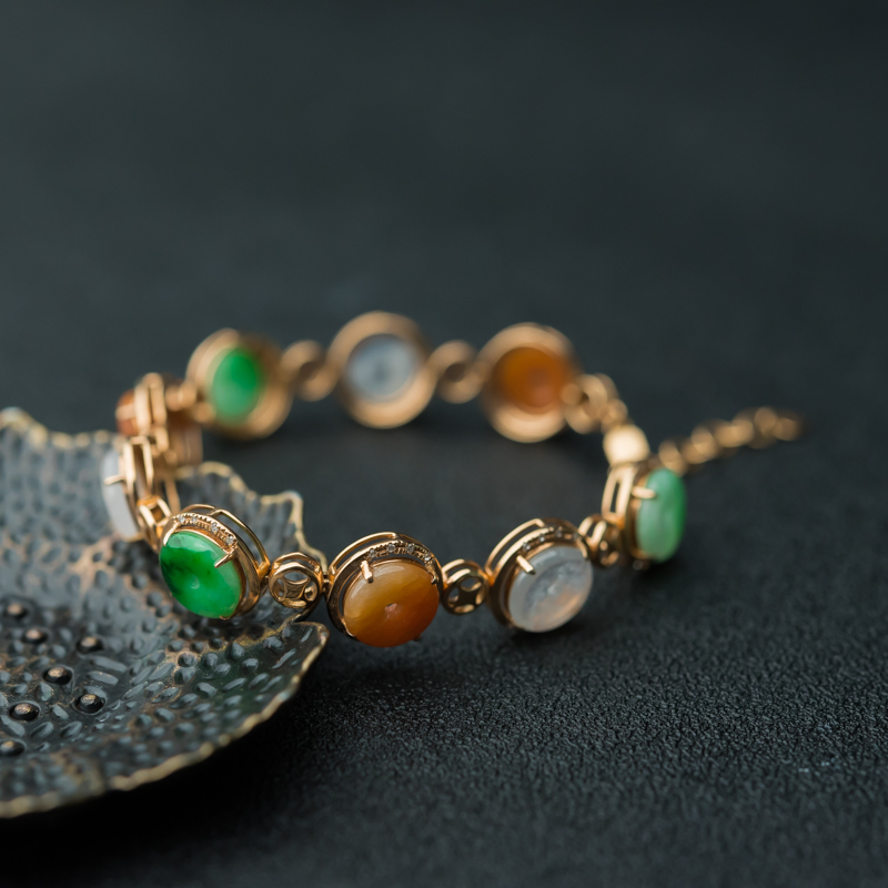 缅甸糯冰种三彩翡翠平安扣手链-红掌柜