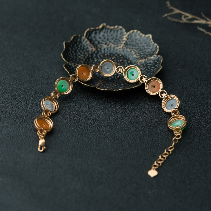 缅甸天然三彩翡翠平安扣手链-红掌柜