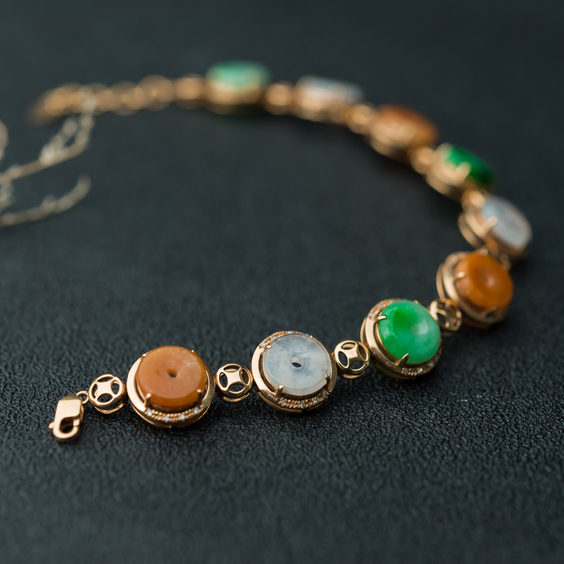 缅甸天然糯冰种翡翠平安扣手链-红掌柜