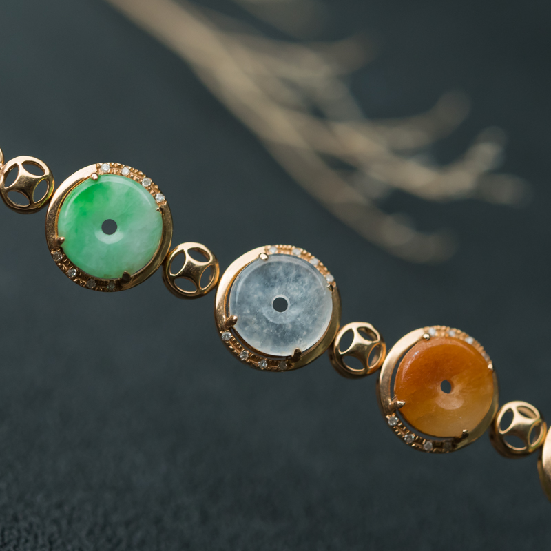 缅甸天然糯冰种三彩翡翠手链-红掌柜