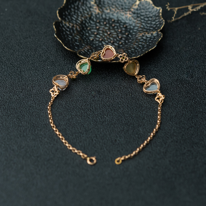 缅甸天然五彩翡翠寿桃手链-红掌柜