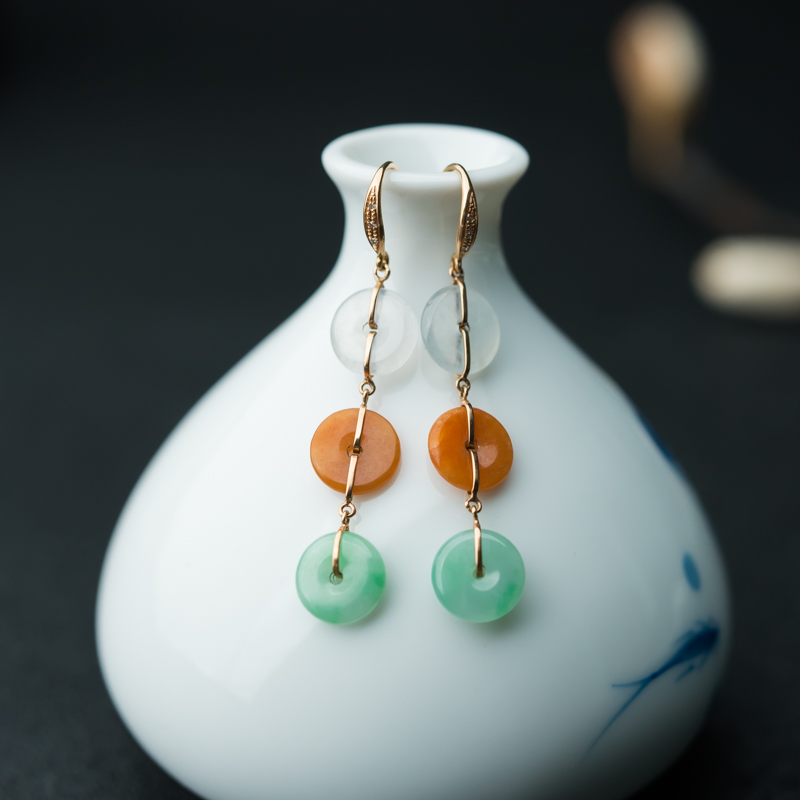 缅甸天然糯冰种三彩翡翠平安扣耳环-红掌柜