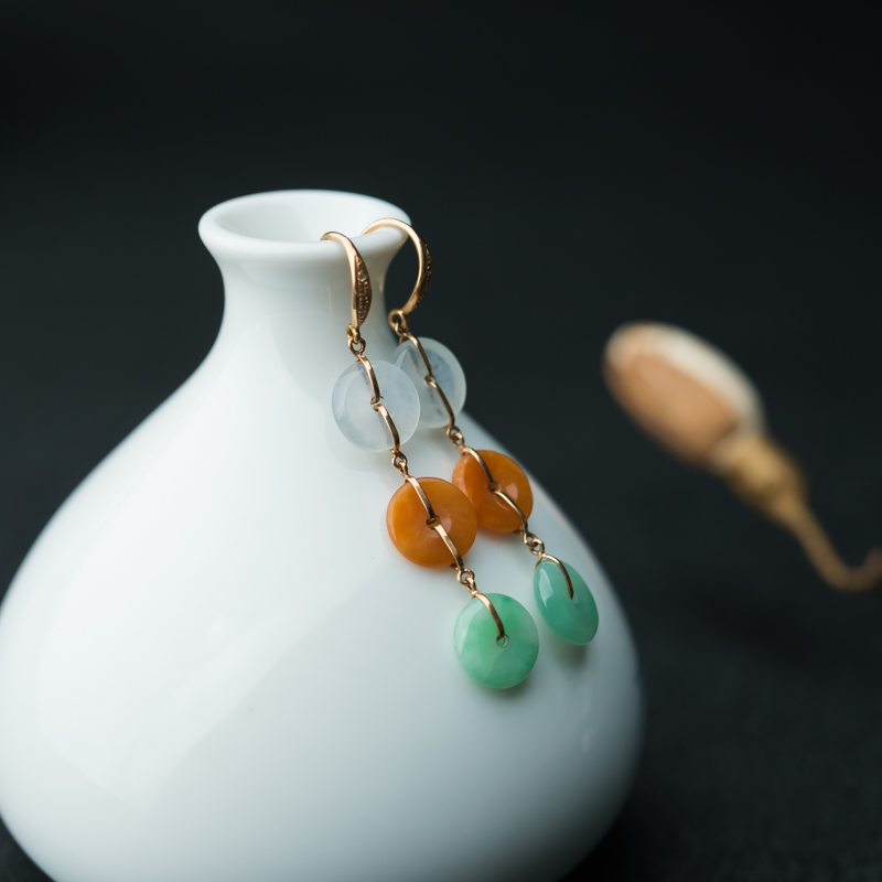 缅甸糯冰种三彩翡翠平安扣耳环-红掌柜