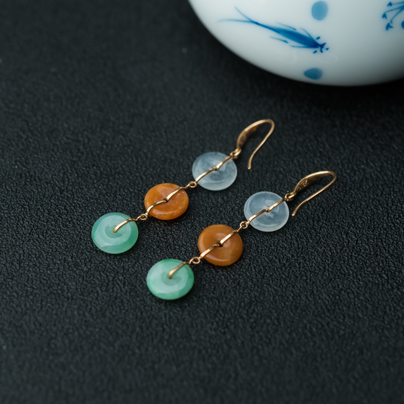 缅甸天然三彩翡翠平安扣耳环-红掌柜