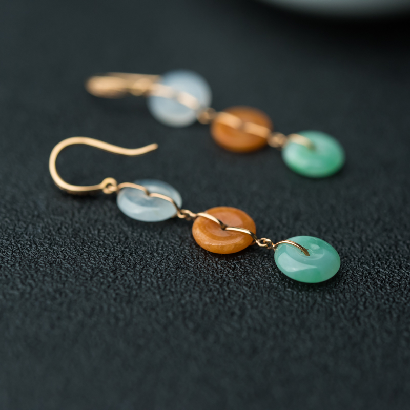 糯冰种三彩翡翠平安扣耳环-红掌柜