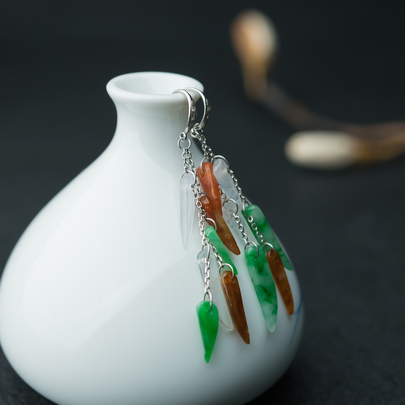 缅甸糯冰种三彩翡翠红红火火耳环-红掌柜