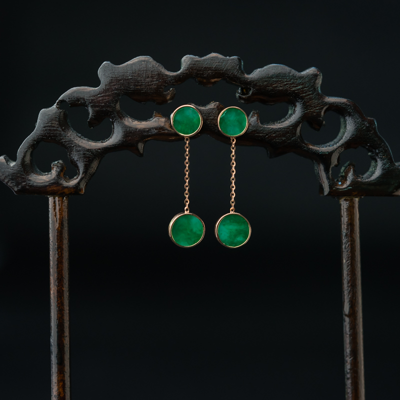 缅甸天然糯种飘翠翡翠随形耳环-红掌柜