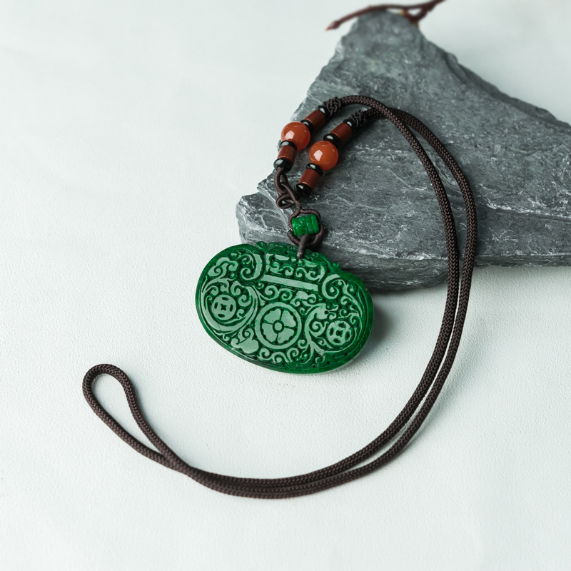 缅甸天然翠绿翡翠如意锁吊坠-红掌柜