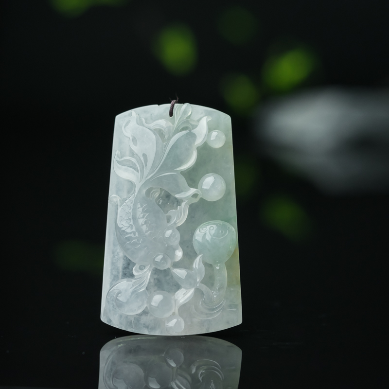 缅甸天然糯冰种飘翠翡翠年年有余吊坠-红掌柜