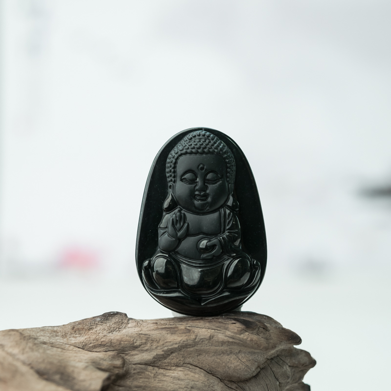 缅甸天然糯冰种墨翠宝宝佛吊坠-红掌柜