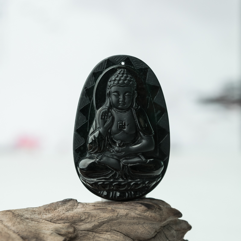 缅甸天然糯冰种墨翠菩萨吊坠-红掌柜