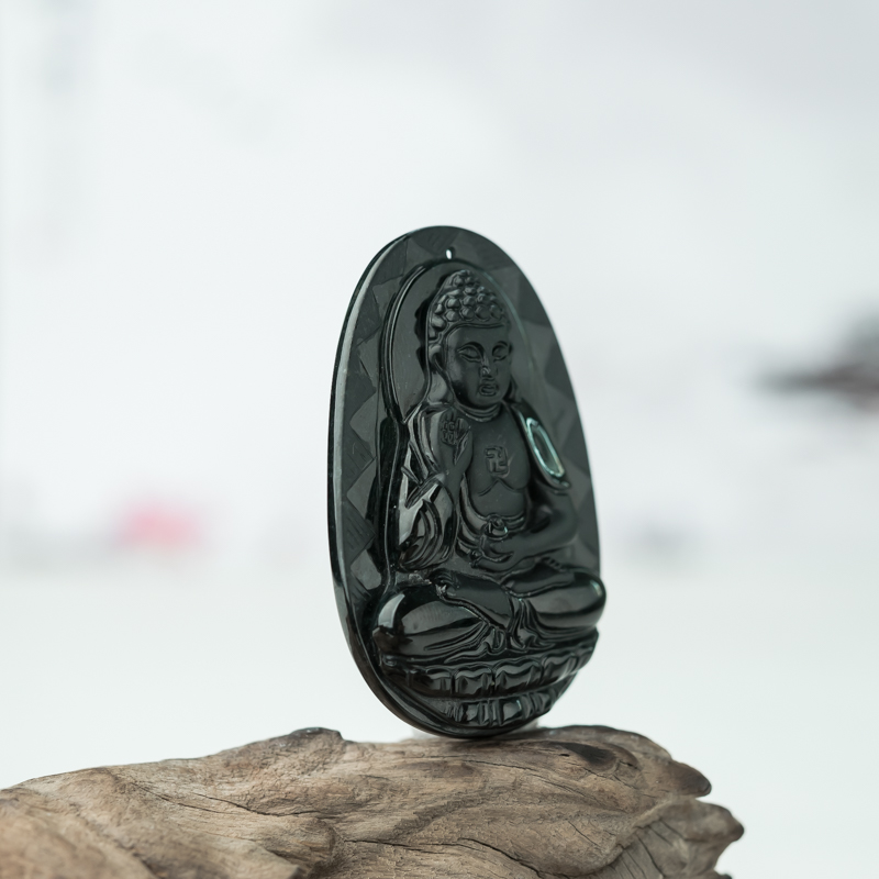 缅甸糯冰种墨翠菩萨吊坠-红掌柜