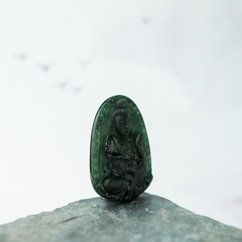 缅甸冰种深绿翡翠观音吊坠-红掌柜