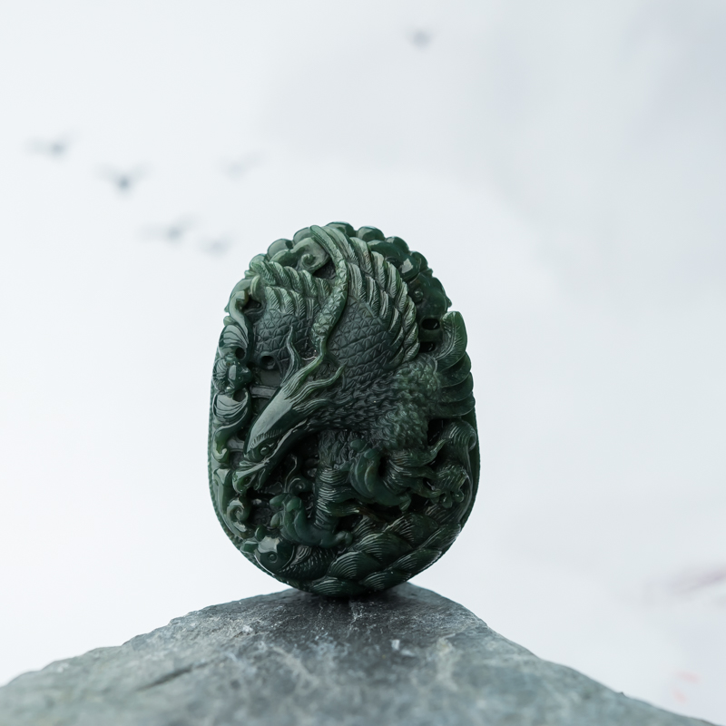 缅甸天然糯冰种深绿翡翠大鹏展翅吊坠-红掌柜