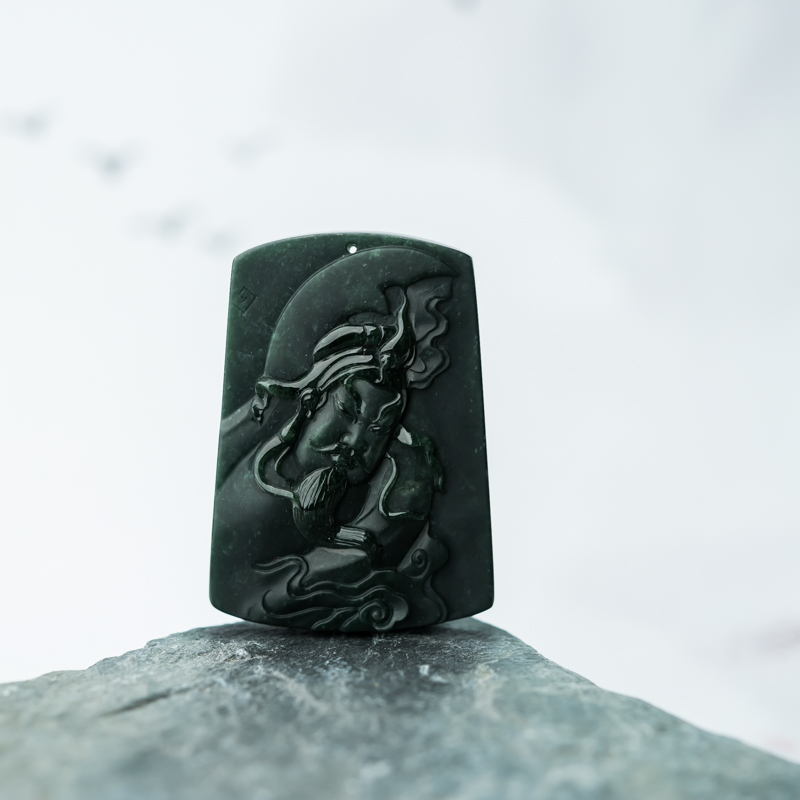 缅甸天然糯冰种深绿翡翠关公吊坠-红掌柜