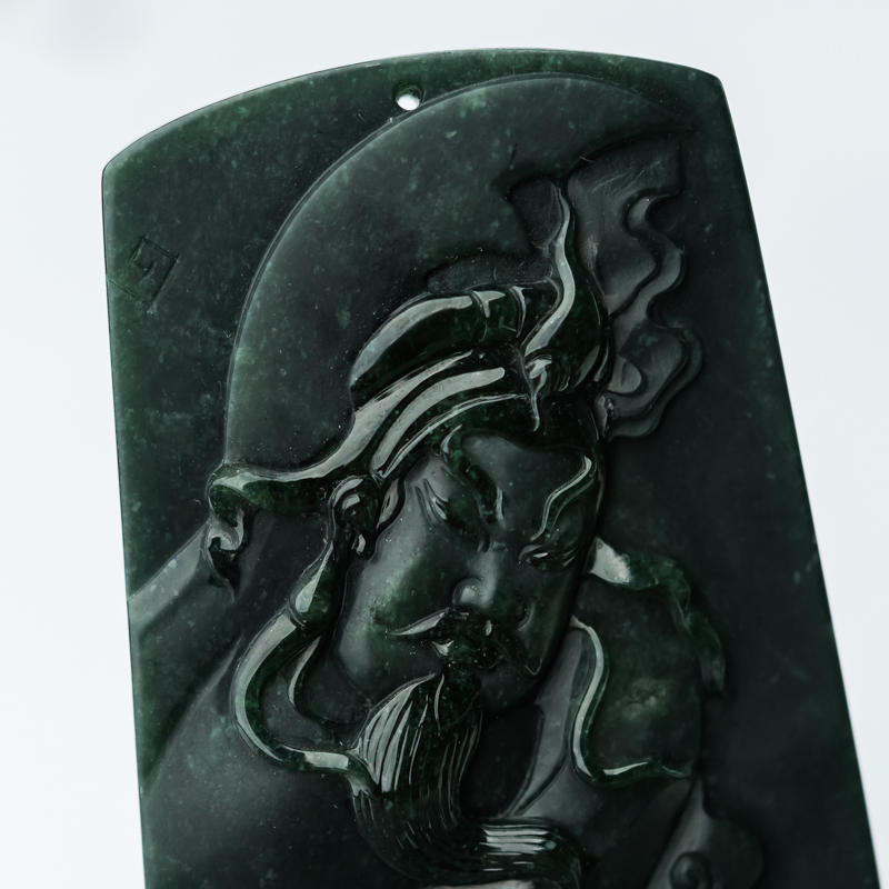 缅甸天然糯冰种翡翠关公吊坠-红掌柜