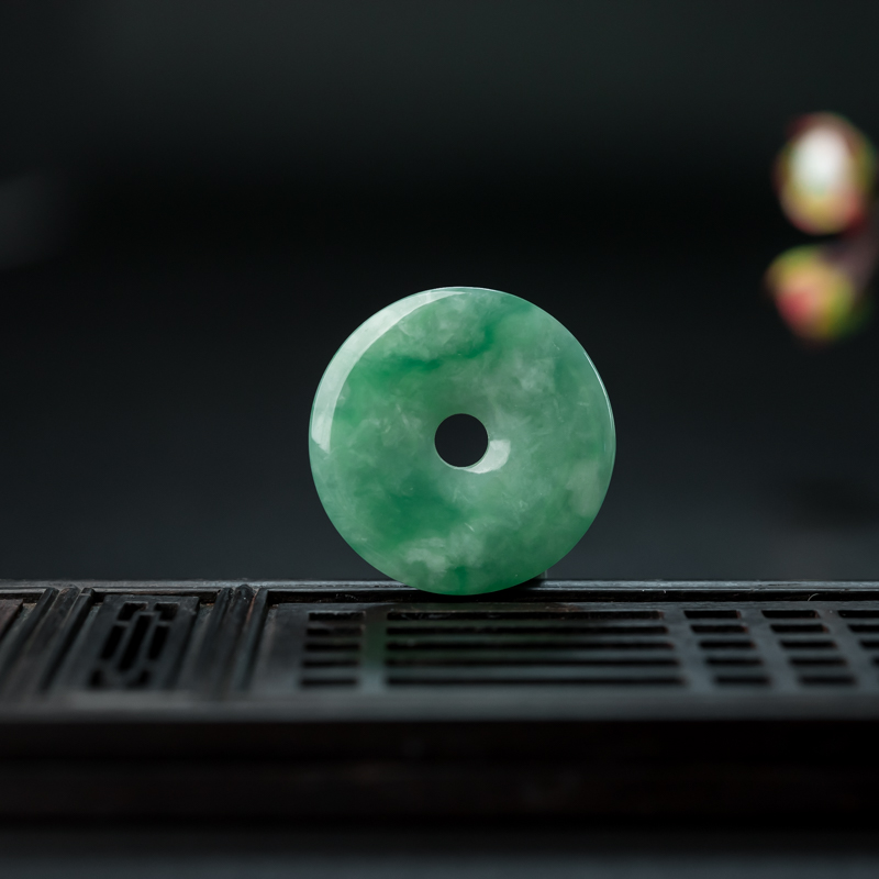 缅甸天然翠绿翡翠平安扣吊坠-红掌柜