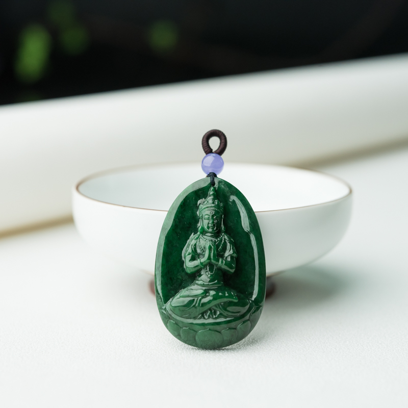 缅甸天然糯种深绿翡翠菩萨吊坠-红掌柜