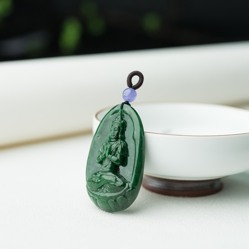 天然糯种深绿翡翠菩萨吊坠-红掌柜