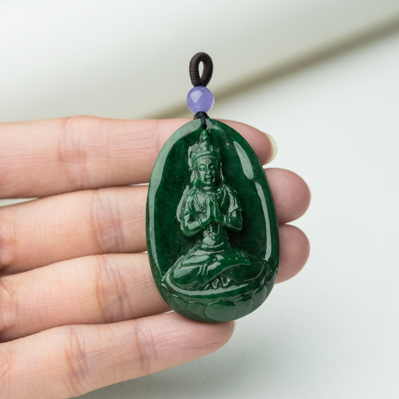 缅甸天然糯种深绿翡翠吊坠-红掌柜