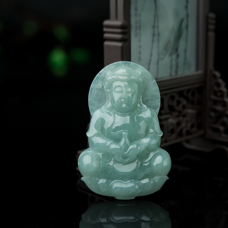缅甸天然糯种豆绿翡翠观音吊坠-红掌柜