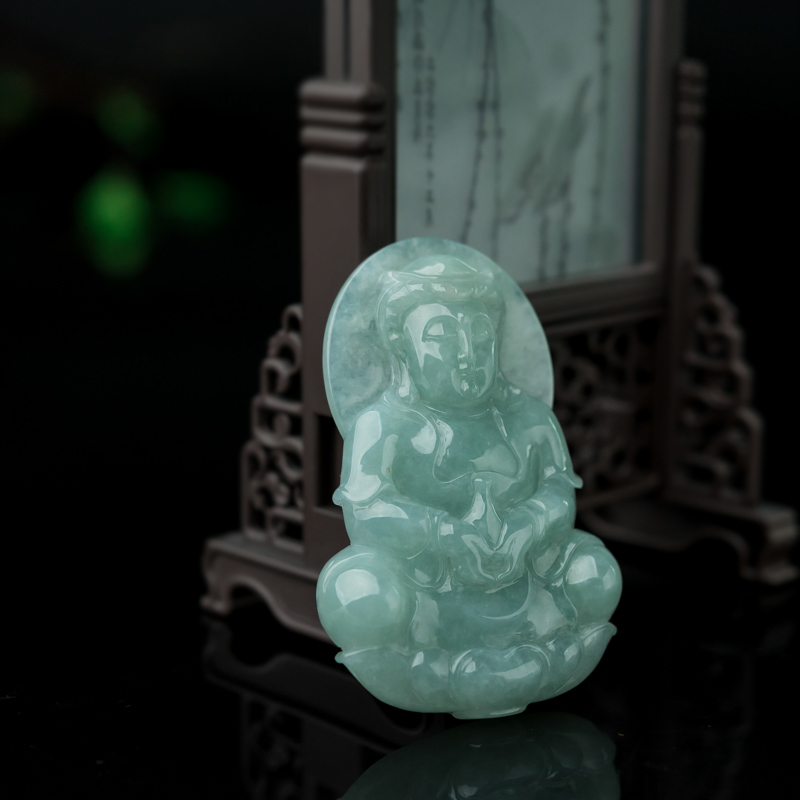 缅甸糯种豆绿翡翠观音吊坠-红掌柜