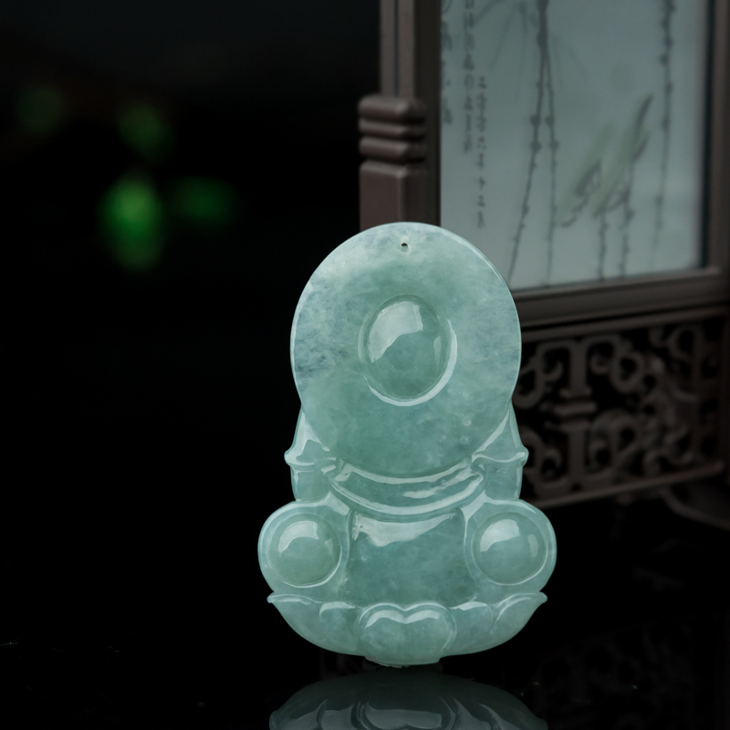 缅甸天然豆绿翡翠观音吊坠-红掌柜