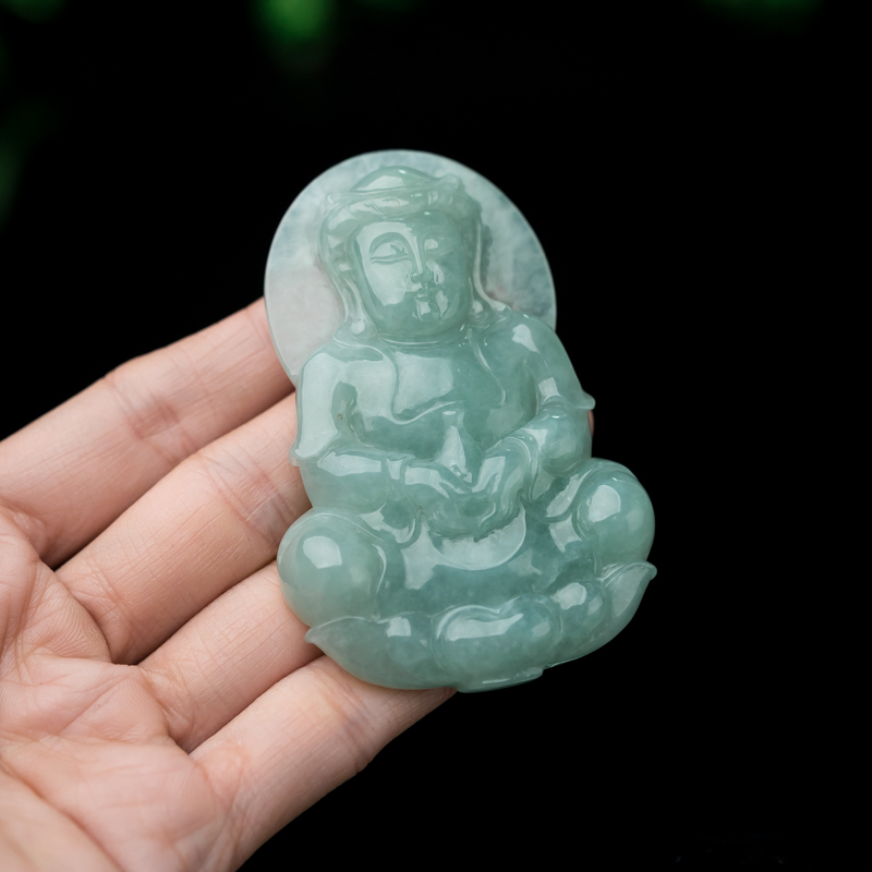 缅甸天然糯种豆绿翡翠吊坠-红掌柜