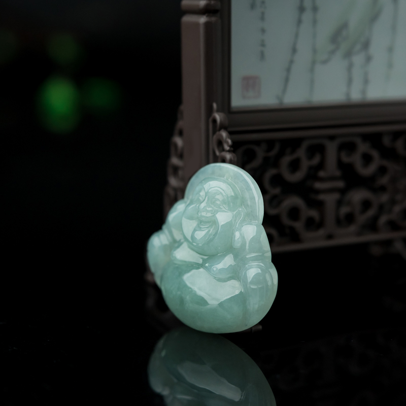 天然糯种豆绿翡翠弥勒佛吊坠-红掌柜