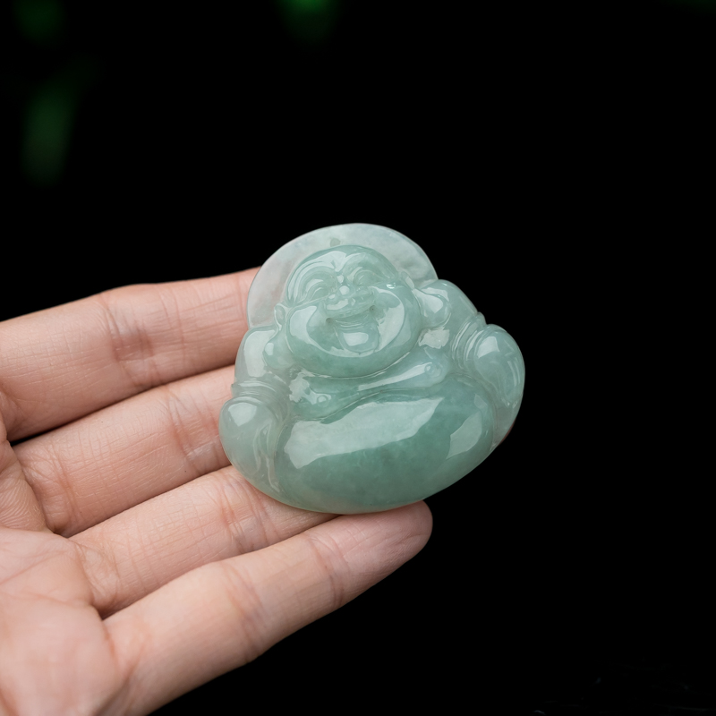 缅甸天然糯种豆绿翡翠吊坠-红掌柜