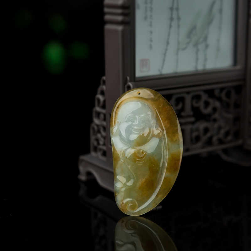 缅甸天然糯冰种黄翡弥勒佛吊坠-红掌柜