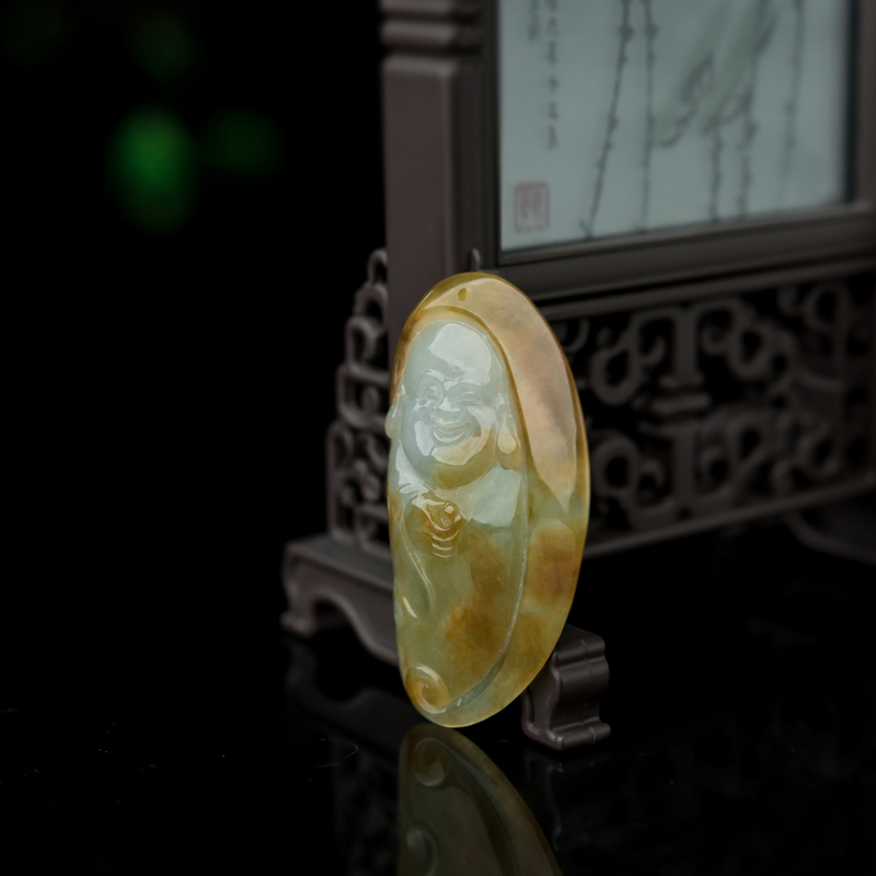 天然糯冰种黄翡弥勒佛吊坠-红掌柜